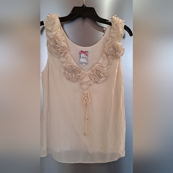 Anthropologie YOANA BARASCHI Blouse Tank Ruffle Neck Tassles Silk Boho LRG - Picture 1 of 9